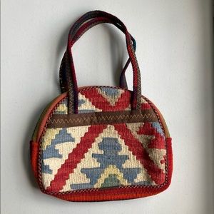 Hand made wool kilim style small handbag Red blue cream colors, two handles